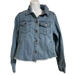 Velvet Heart Womens Blue Denim Cropped Jacket XS Distressed Hem Button Front